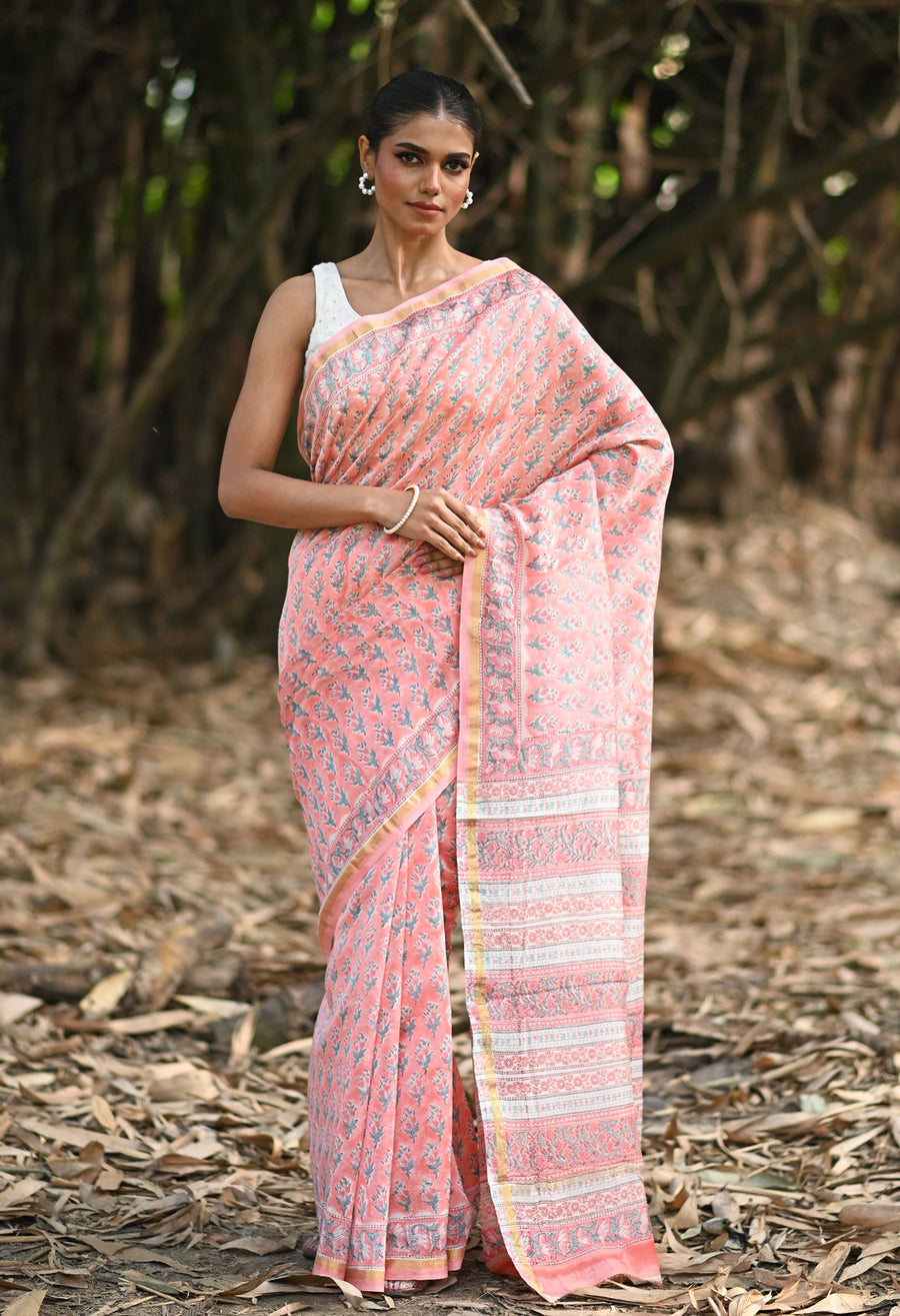 Coral Pink Pure Hand Block Printed Chanderi Sico Saree-UNM81644 - Pehnaawaa