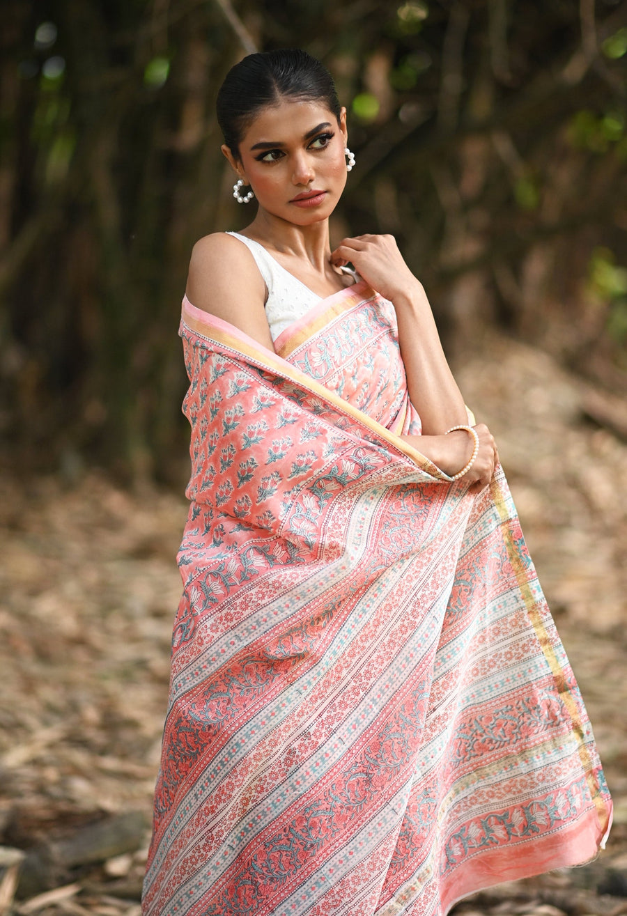 Coral Pink Pure Hand Block Printed Chanderi Sico Saree-UNM81644 - Pehnaawaa