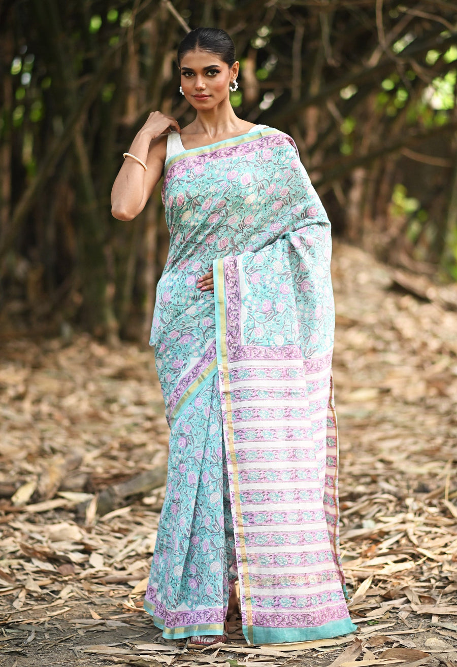 Turquoise Green Pure Hand Block Printed Chanderi Sico Saree-UNM81645 - Pehnaawaa