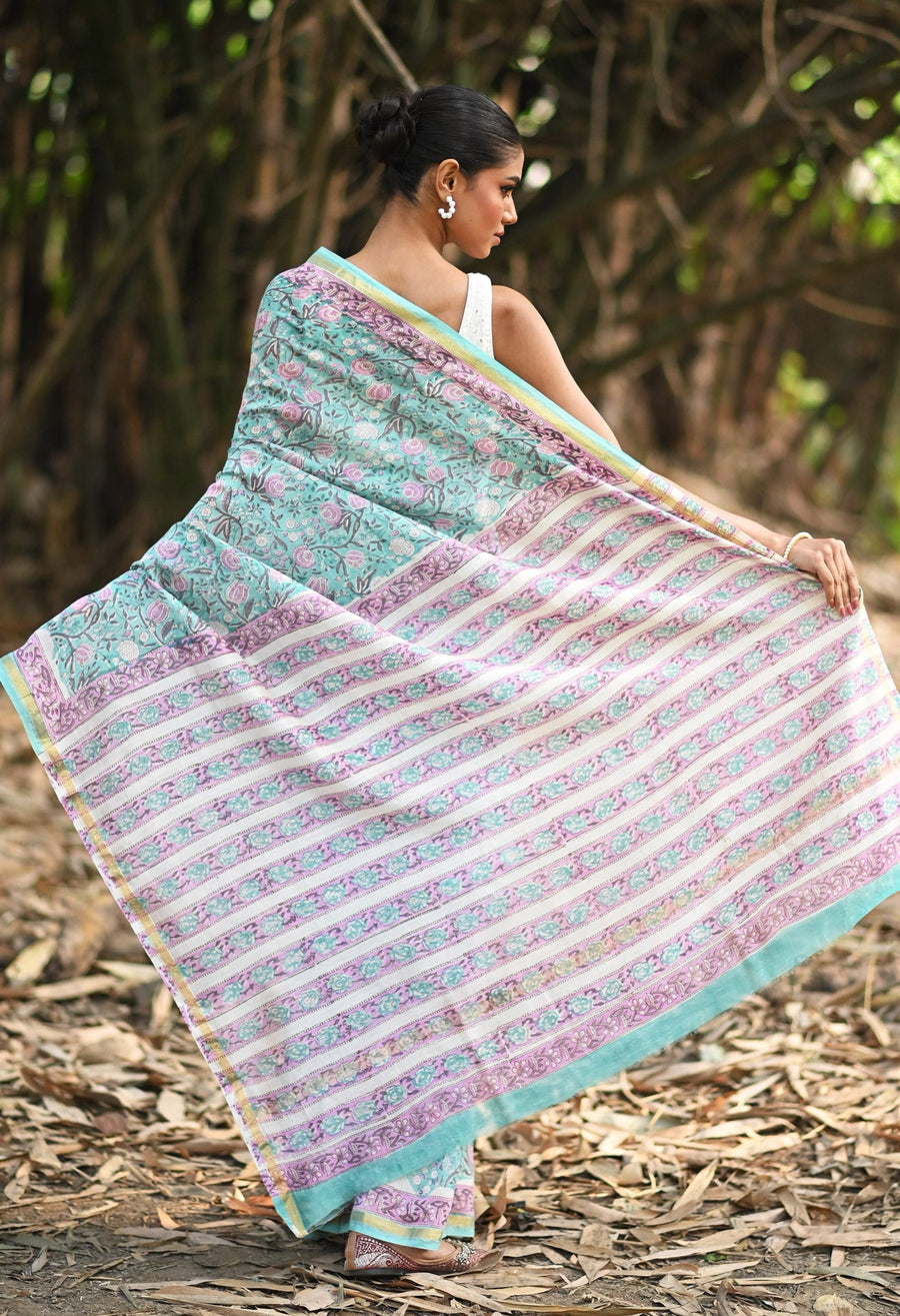 Turquoise Green Pure Hand Block Printed Chanderi Sico Saree-UNM81645 - Pehnaawaa