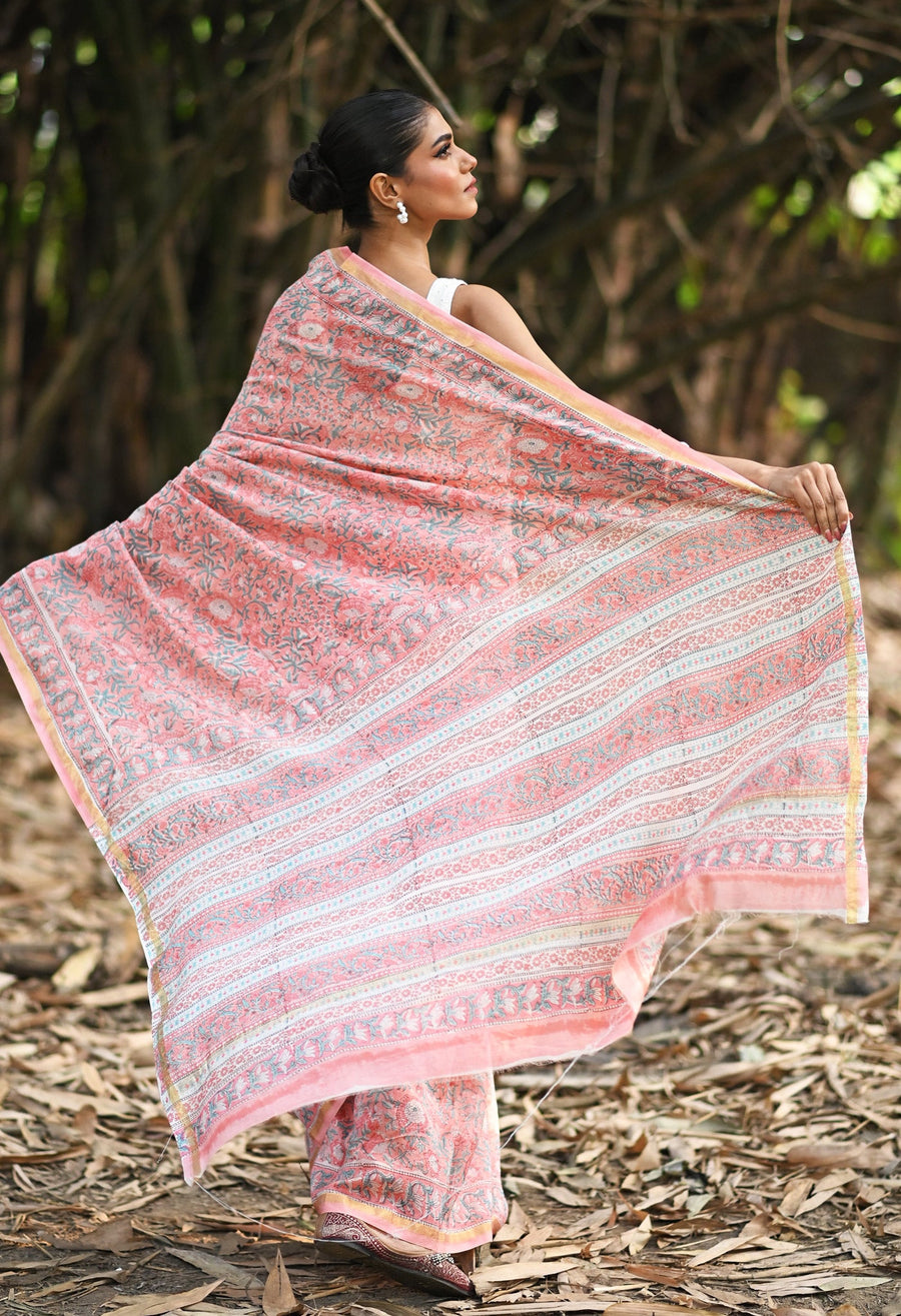 Coral Pink Pure Hand Block Printed Chanderi Sico Saree-UNM81646 - Pehnaawaa