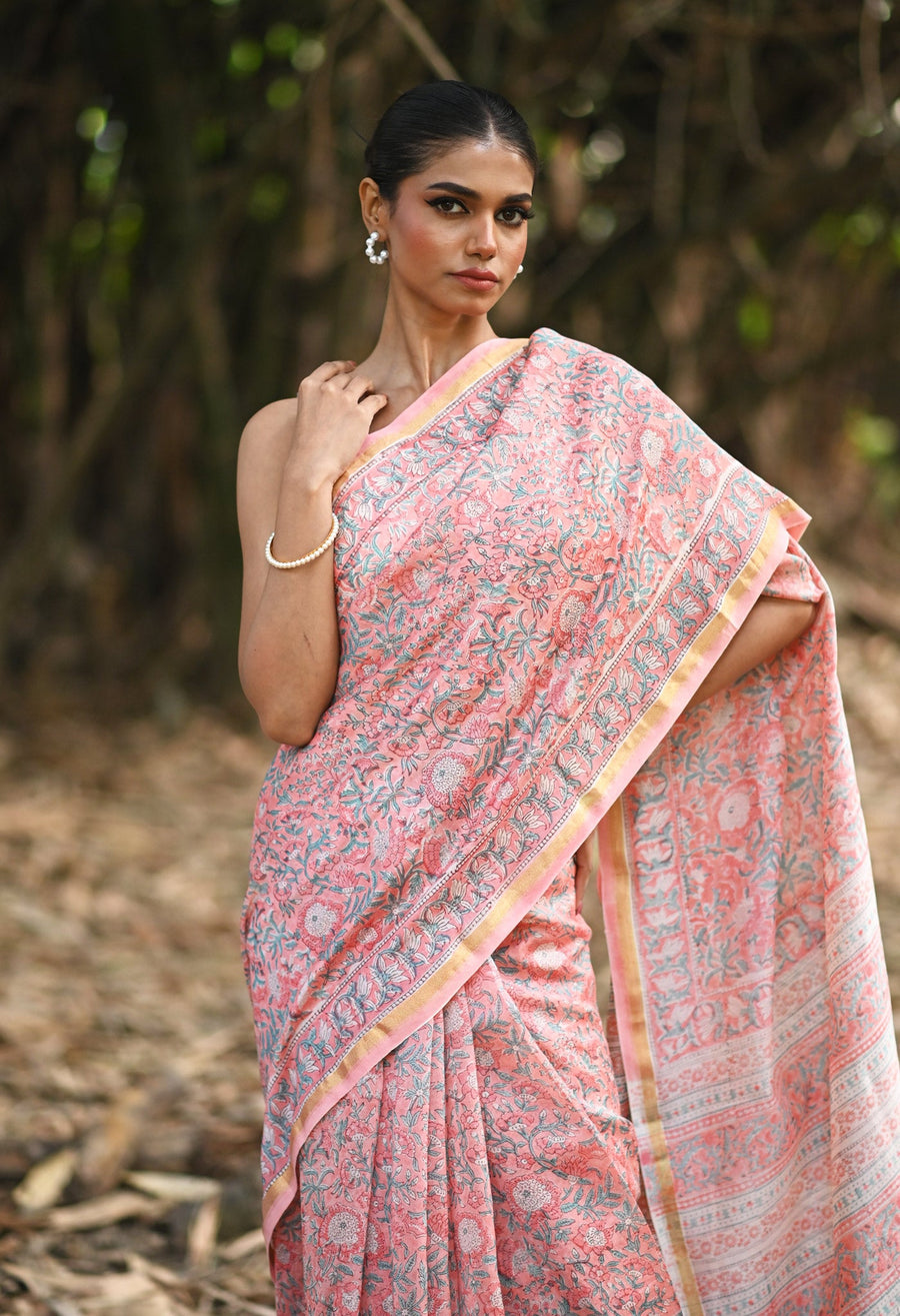 Coral Pink Pure Hand Block Printed Chanderi Sico Saree-UNM81646 - Pehnaawaa