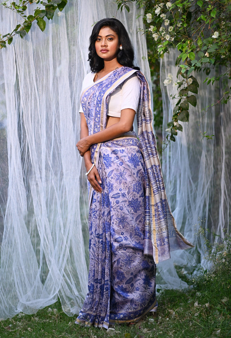 Blue Pure Hand Block Printed Chanderi Sico Saree-UNM81658 - Pehnaawaa