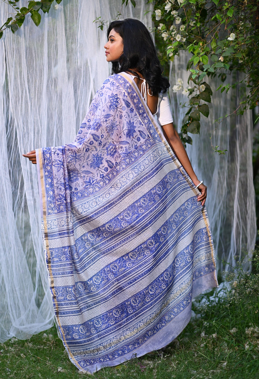 Blue Pure Hand Block Printed Chanderi Sico Saree-UNM81658 - Pehnaawaa