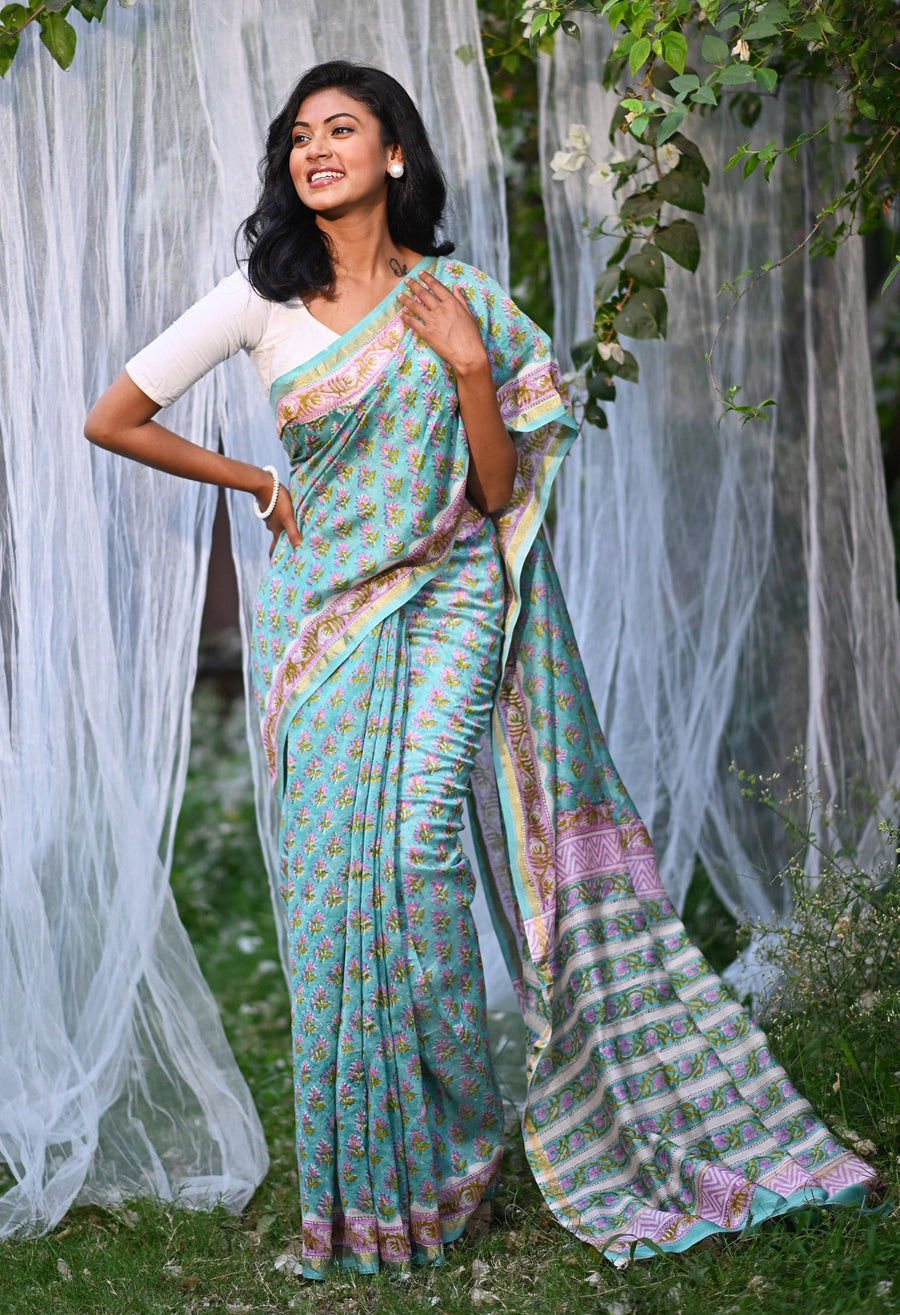 Turquoise Green Pure Hand Block Printed Chanderi Sico Saree-UNM81659 - Pehnaawaa
