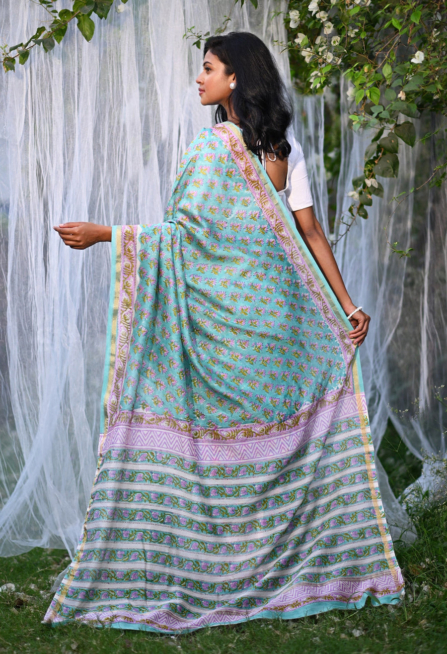 Turquoise Green Pure Hand Block Printed Chanderi Sico Saree-UNM81659 - Pehnaawaa