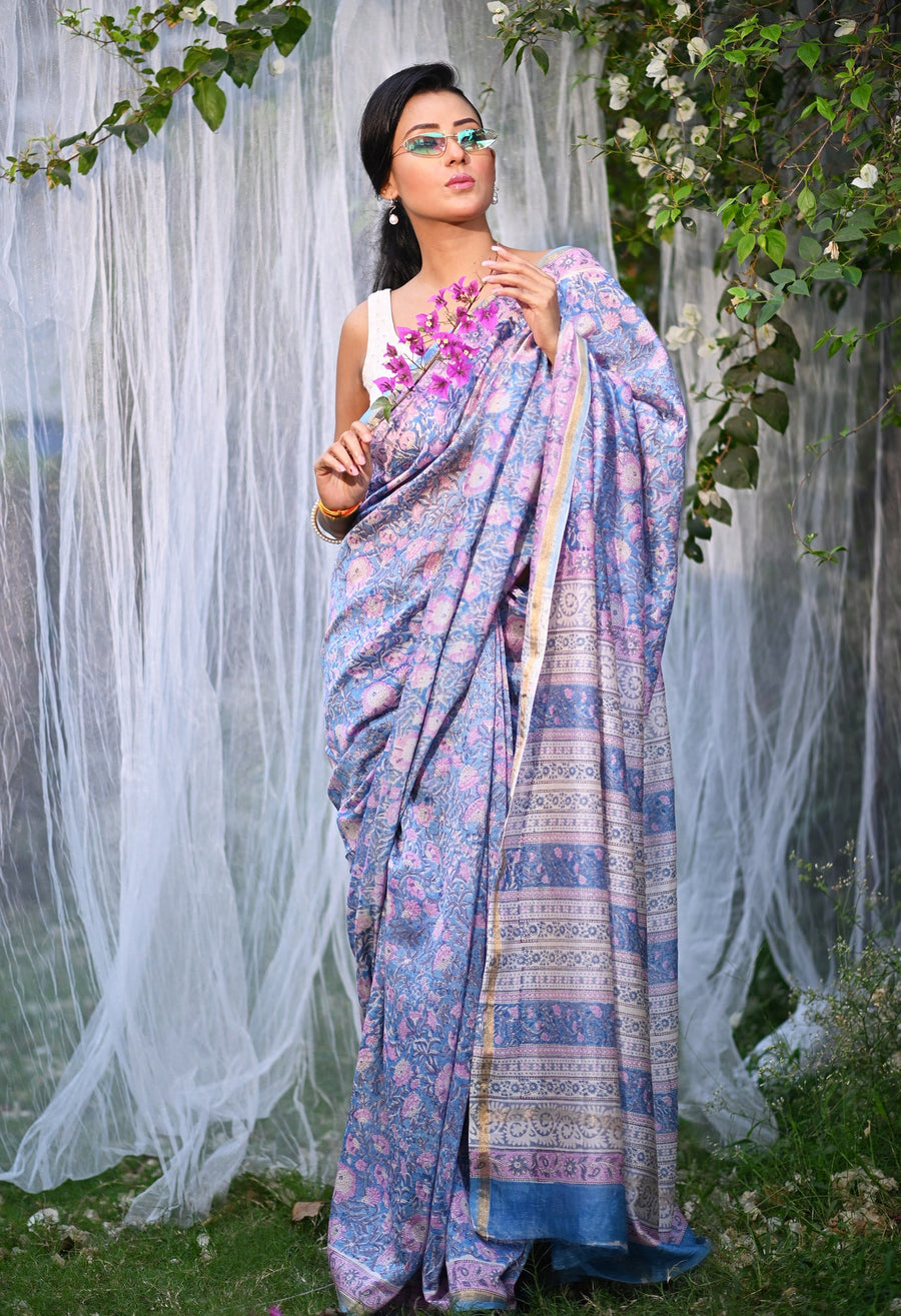 Blue Pure Hand Block Printed Chanderi Sico Saree-UNM81660 - Pehnaawaa