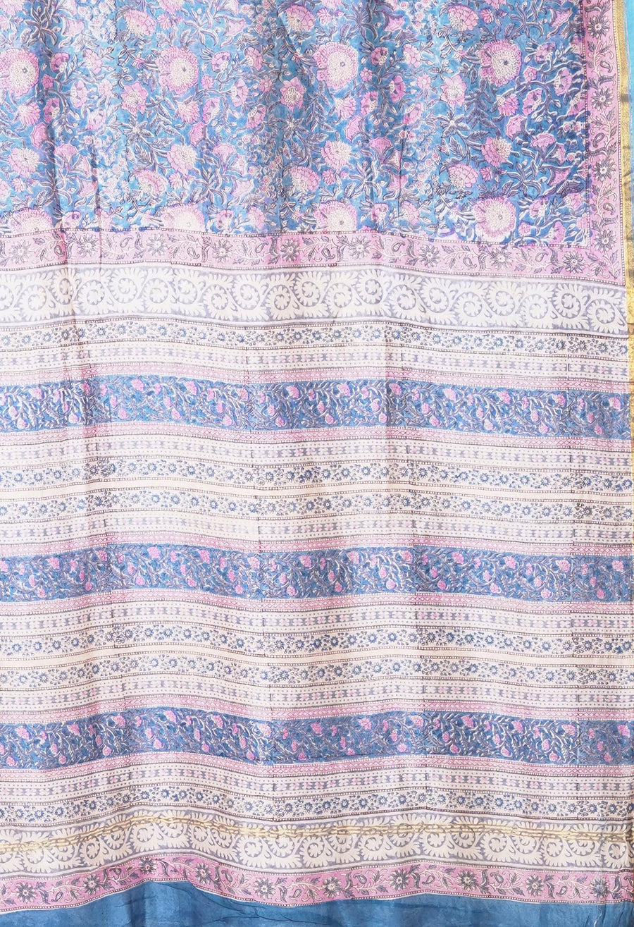 Blue Pure Hand Block Printed Chanderi Sico Saree-UNM81660 - Pehnaawaa