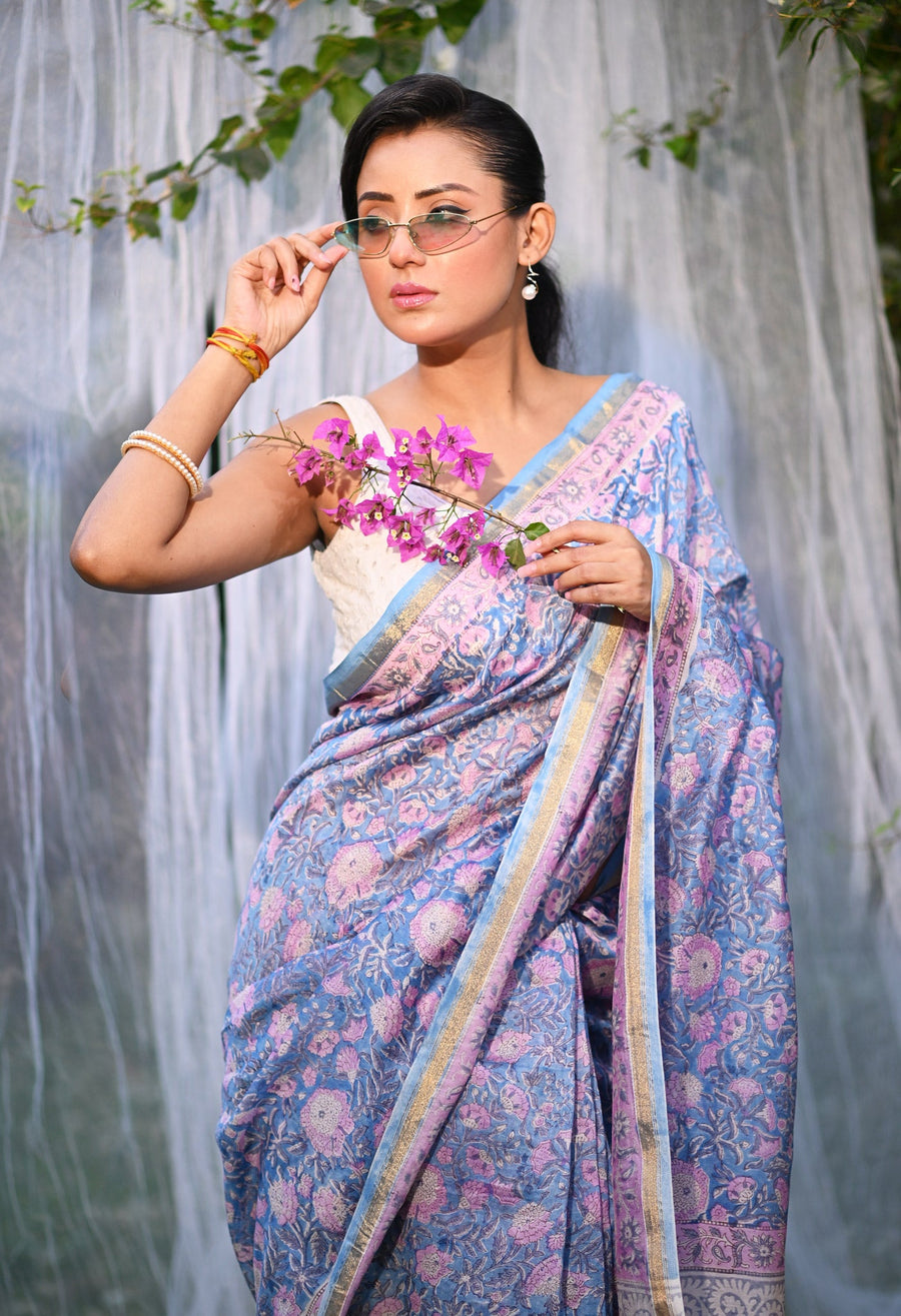 Blue Pure Hand Block Printed Chanderi Sico Saree-UNM81660 - Pehnaawaa