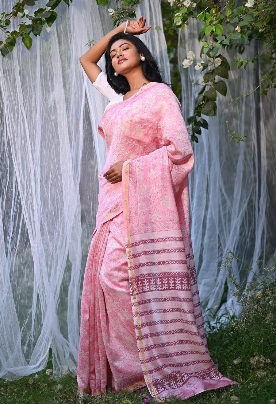 Pink Pure Hand Block Printed Chanderi Sico Saree-UNM81661 - Pehnaawaa