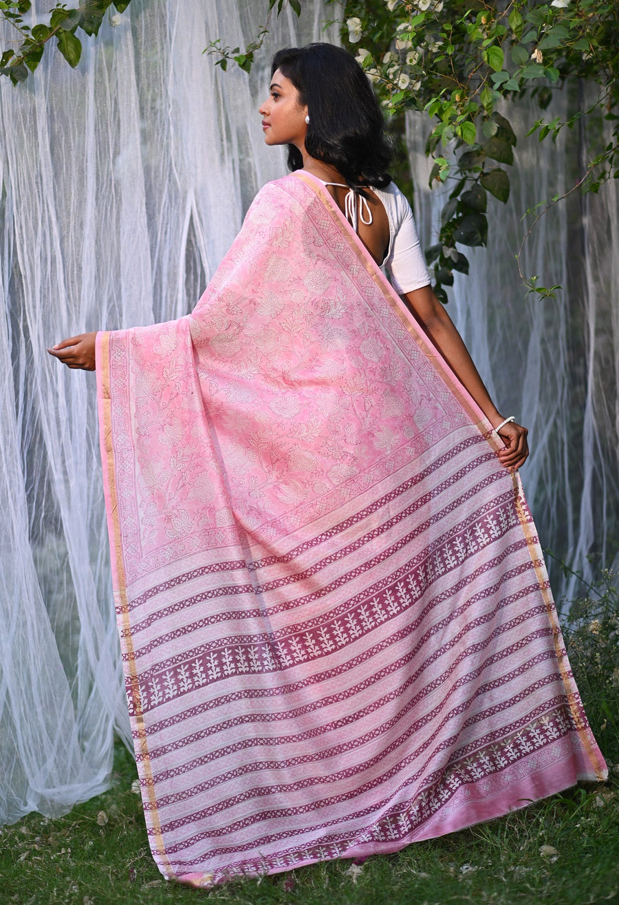 Pink Pure Hand Block Printed Chanderi Sico Saree-UNM81661 - Pehnaawaa