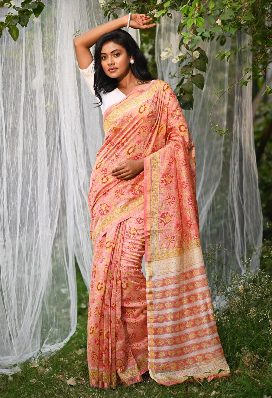 Coral Pink Pure Hand Block Printed Chanderi Sico Saree-UNM81662 - Pehnaawaa