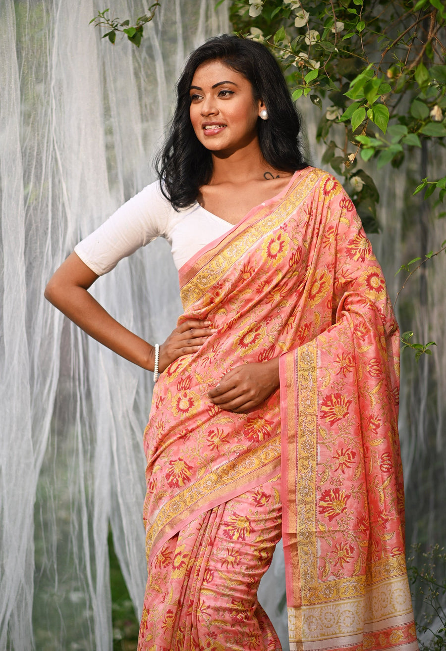 Coral Pink Pure Hand Block Printed Chanderi Sico Saree-UNM81662 - Pehnaawaa