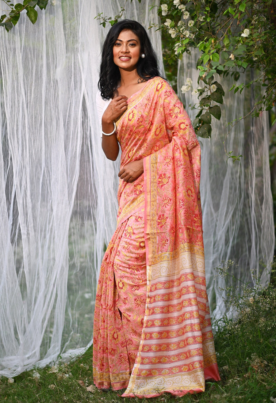 Coral Pink Pure Hand Block Printed Chanderi Sico Saree-UNM81662 - Pehnaawaa