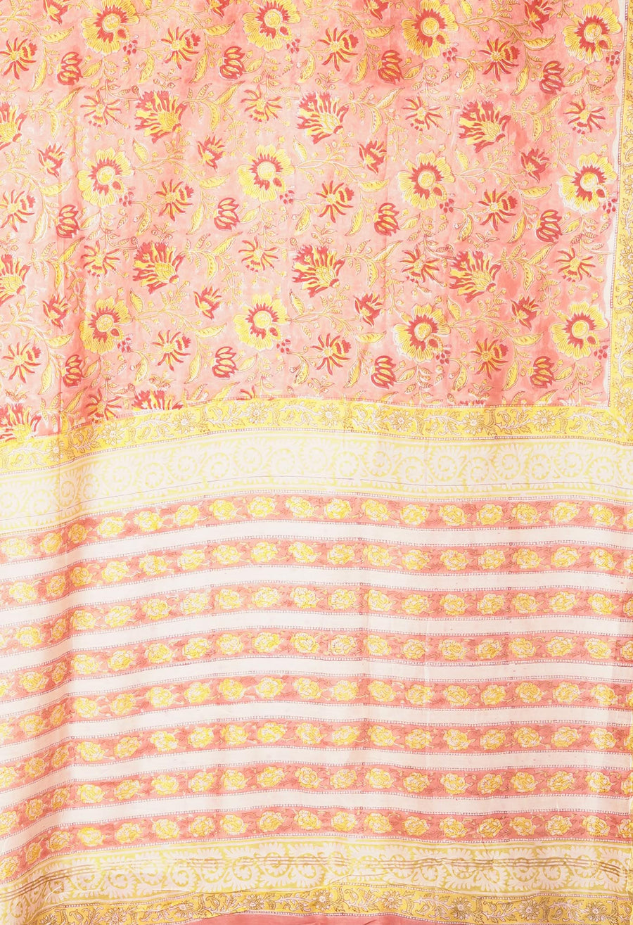 Coral Pink Pure Hand Block Printed Chanderi Sico Saree-UNM81662 - Pehnaawaa