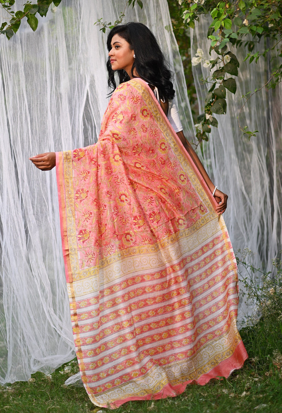 Coral Pink Pure Hand Block Printed Chanderi Sico Saree-UNM81662 - Pehnaawaa