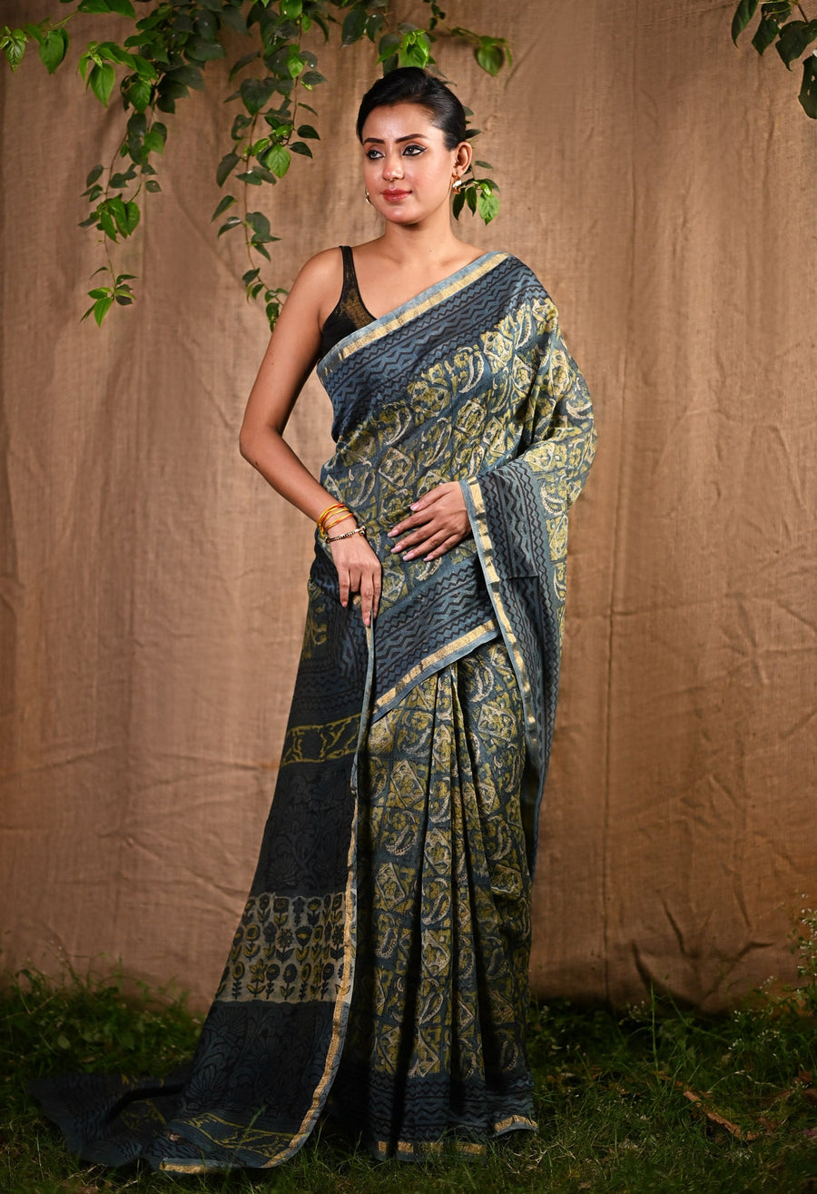 Blue Pure Vanaspathi Block Printed Chanderi Sico Saree-UNM81712 - Pehnaawaa