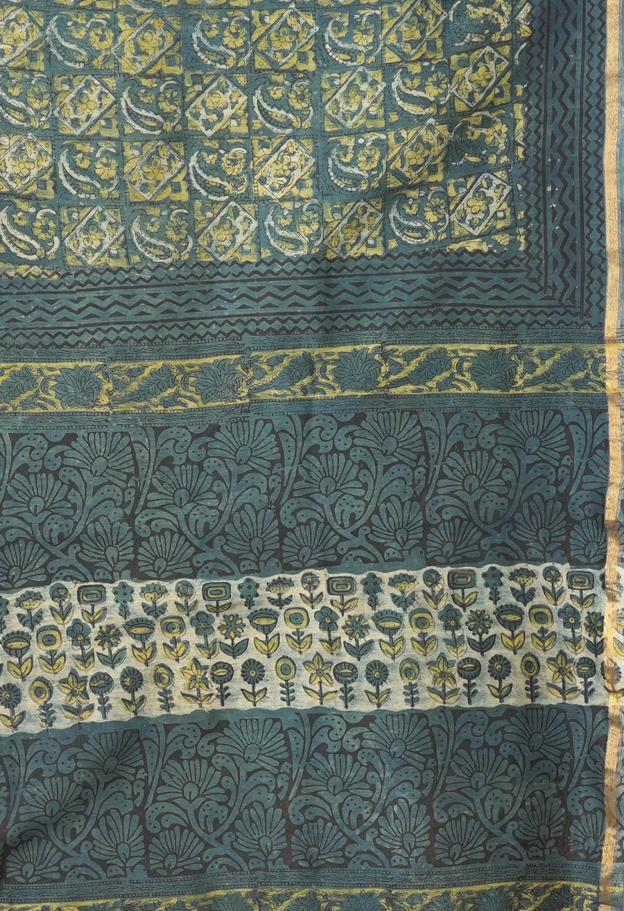 Blue Pure Vanaspathi Block Printed Chanderi Sico Saree-UNM81712 - Pehnaawaa