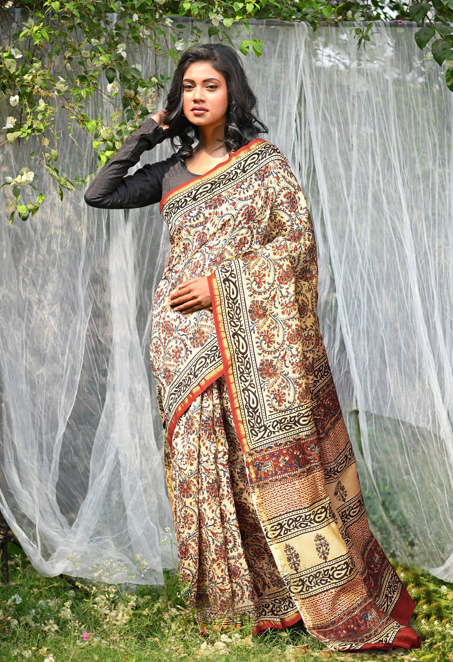 Cream Pure Bagru Kalamkari Printed Chanderi Sico Saree-UNM81811 - Pehnaawaa