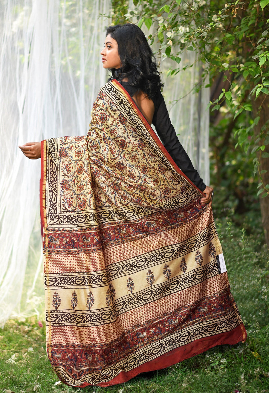 Cream Pure Bagru Kalamkari Printed Chanderi Sico Saree-UNM81811 - Pehnaawaa