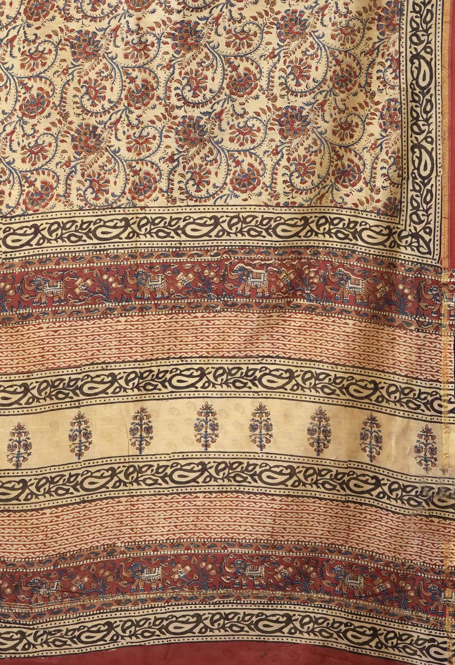Cream Pure Bagru Kalamkari Printed Chanderi Sico Saree-UNM81811 - Pehnaawaa