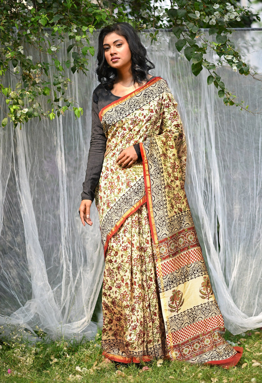 Cream Pure Bagru Kalamkari Printed Chanderi Sico Saree-UNM81812 - Pehnaawaa