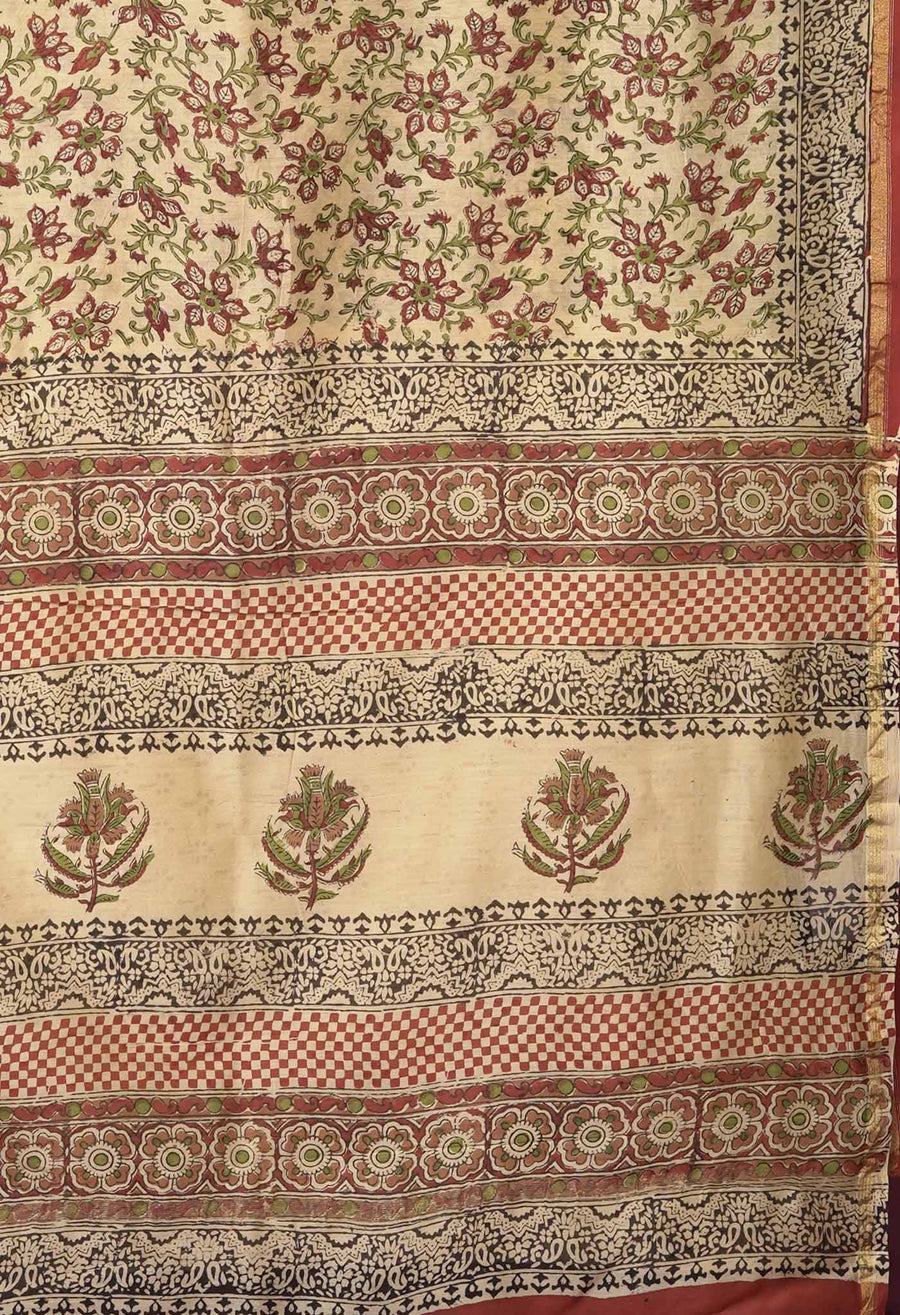 Cream Pure Bagru Kalamkari Printed Chanderi Sico Saree-UNM81812 - Pehnaawaa