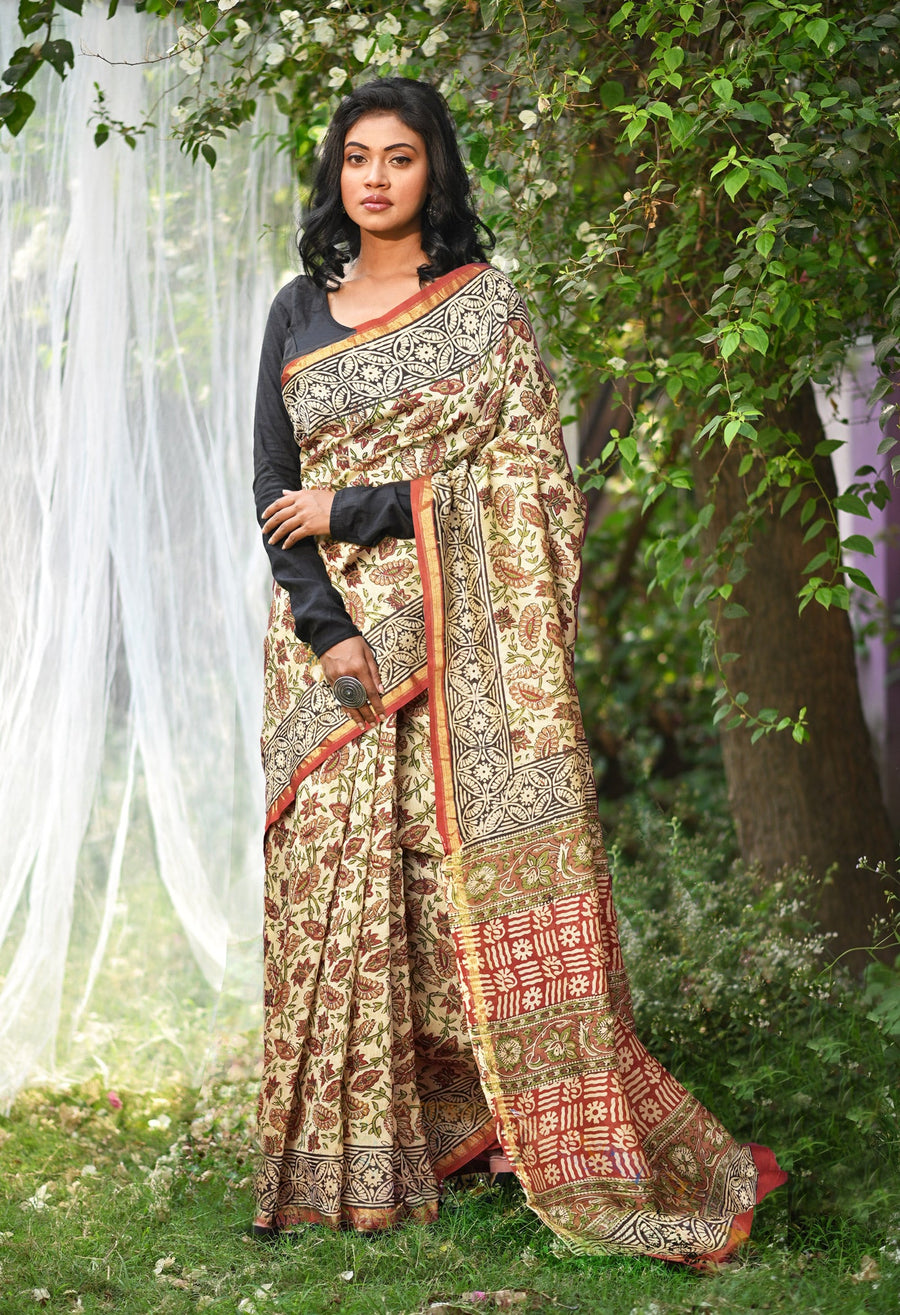 Cream Pure Bagru Kalamkari Printed Chanderi Sico Saree-UNM81814 - Pehnaawaa