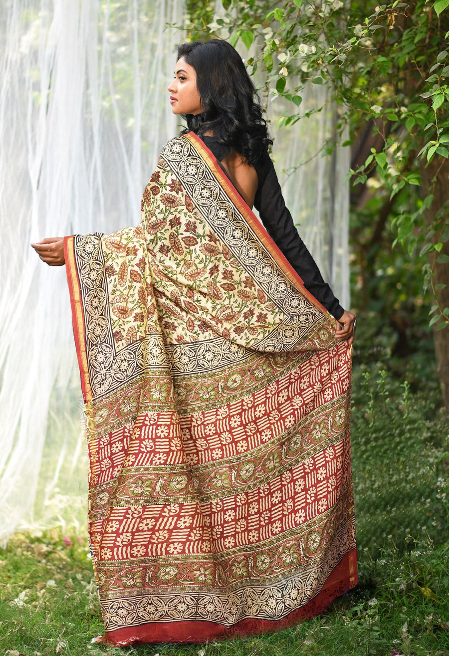 Cream Pure Bagru Kalamkari Printed Chanderi Sico Saree-UNM81814 - Pehnaawaa