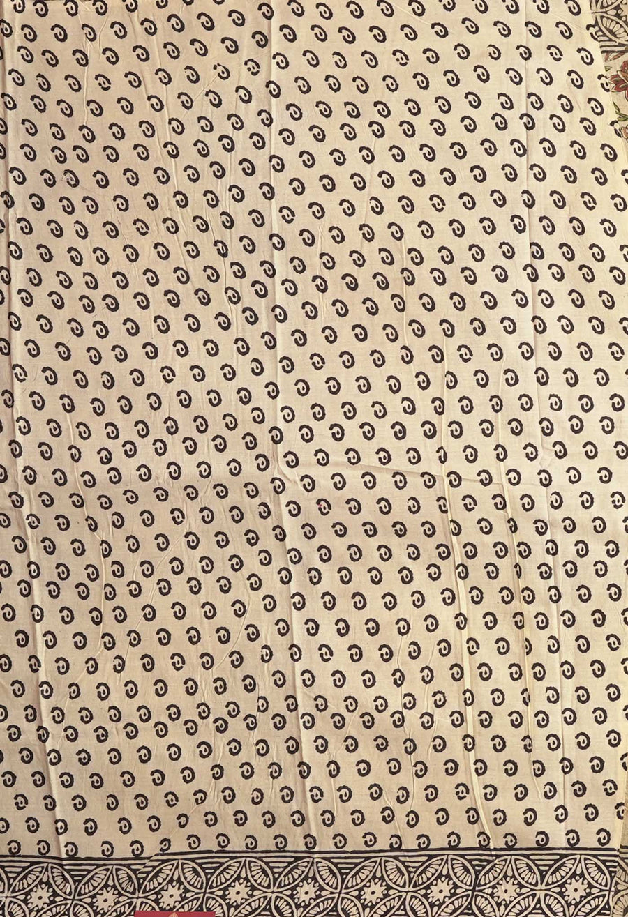 Cream Pure Bagru Kalamkari Printed Chanderi Sico Saree-UNM81814 - Pehnaawaa