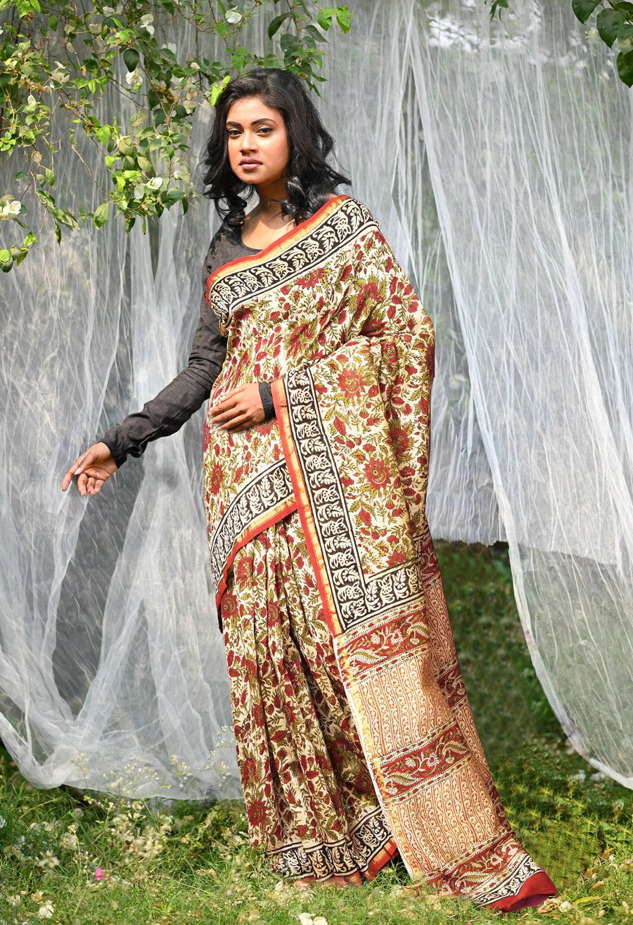 Cream Pure Bagru Kalamkari Printed Chanderi Sico Saree-UNM81818 - Pehnaawaa