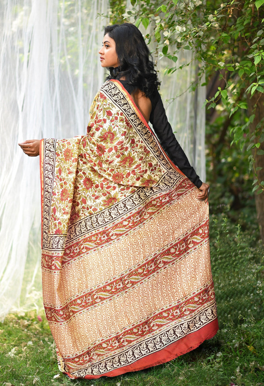 Cream Pure Bagru Kalamkari Printed Chanderi Sico Saree-UNM81818 - Pehnaawaa