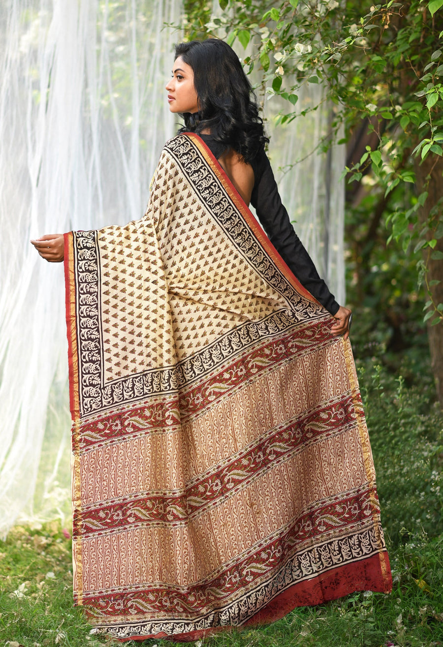 Cream Pure Bagru Kalamkari Printed Chanderi Sico Saree-UNM81819 - Pehnaawaa