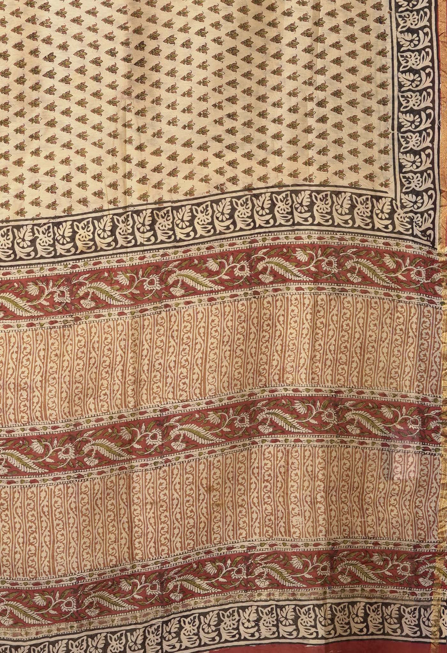 Cream Pure Bagru Kalamkari Printed Chanderi Sico Saree-UNM81819 - Pehnaawaa