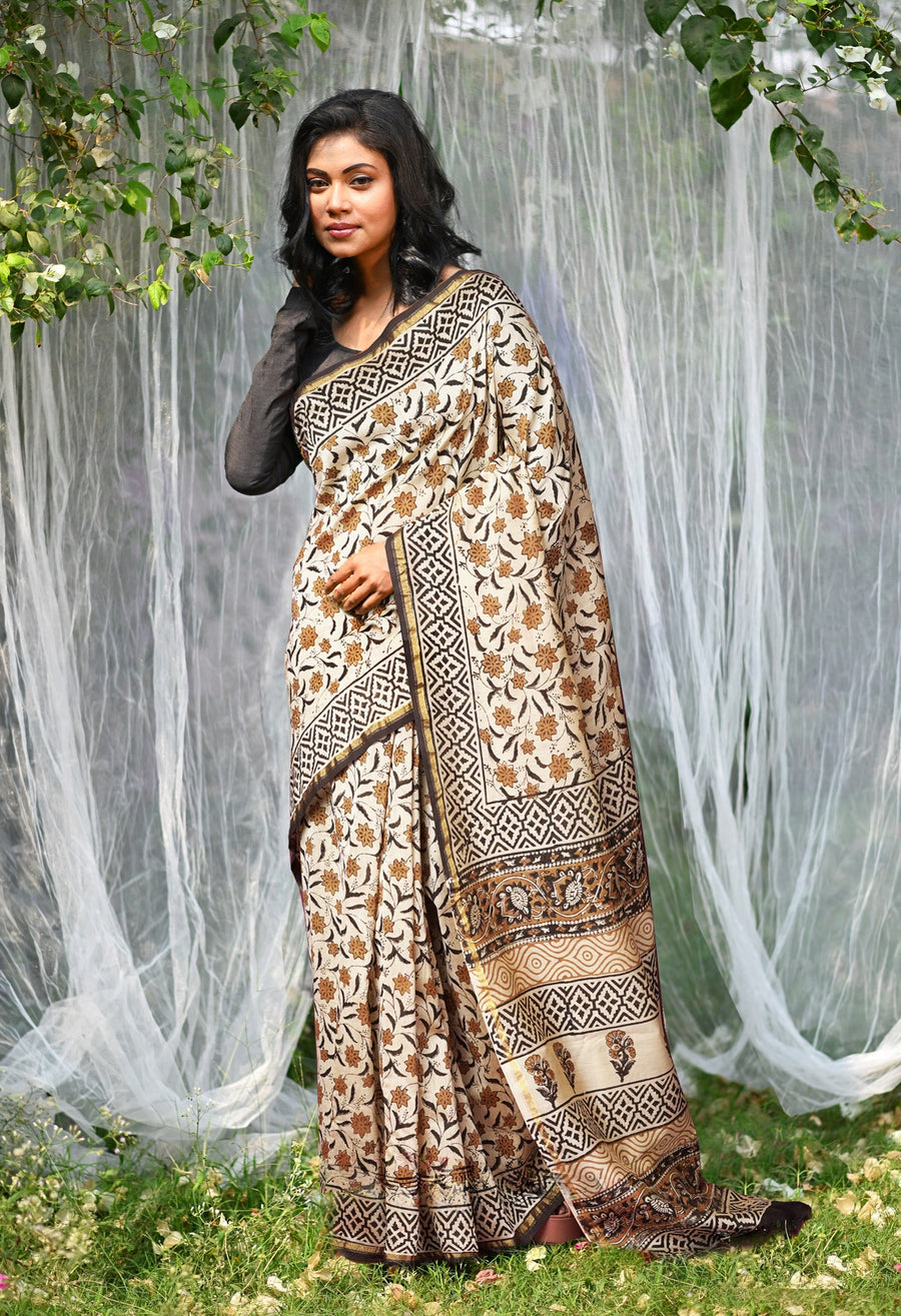 Cream Pure Bagru Kalamkari Printed Chanderi Sico Saree-UNM81820 - Pehnaawaa