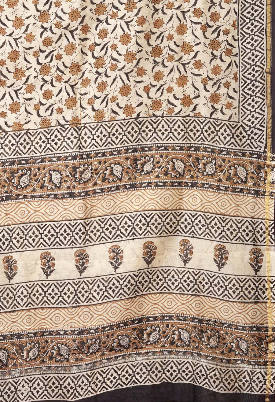 Cream Pure Bagru Kalamkari Printed Chanderi Sico Saree-UNM81820 - Pehnaawaa
