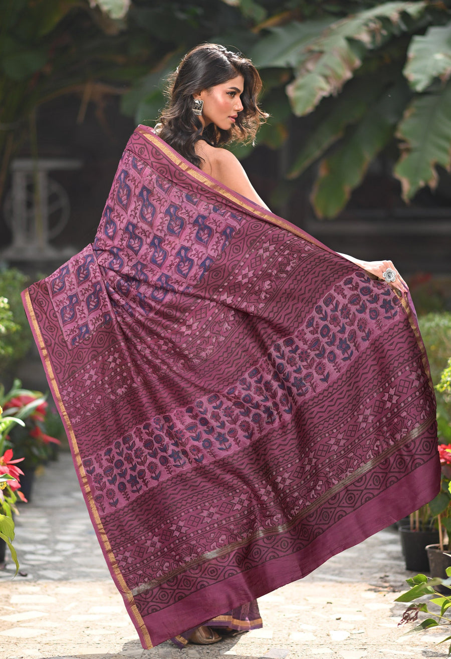 Pink Pure Vanaspathi Block Printed Chanderi Sico Saree-UNM81843 - Pehnaawaa