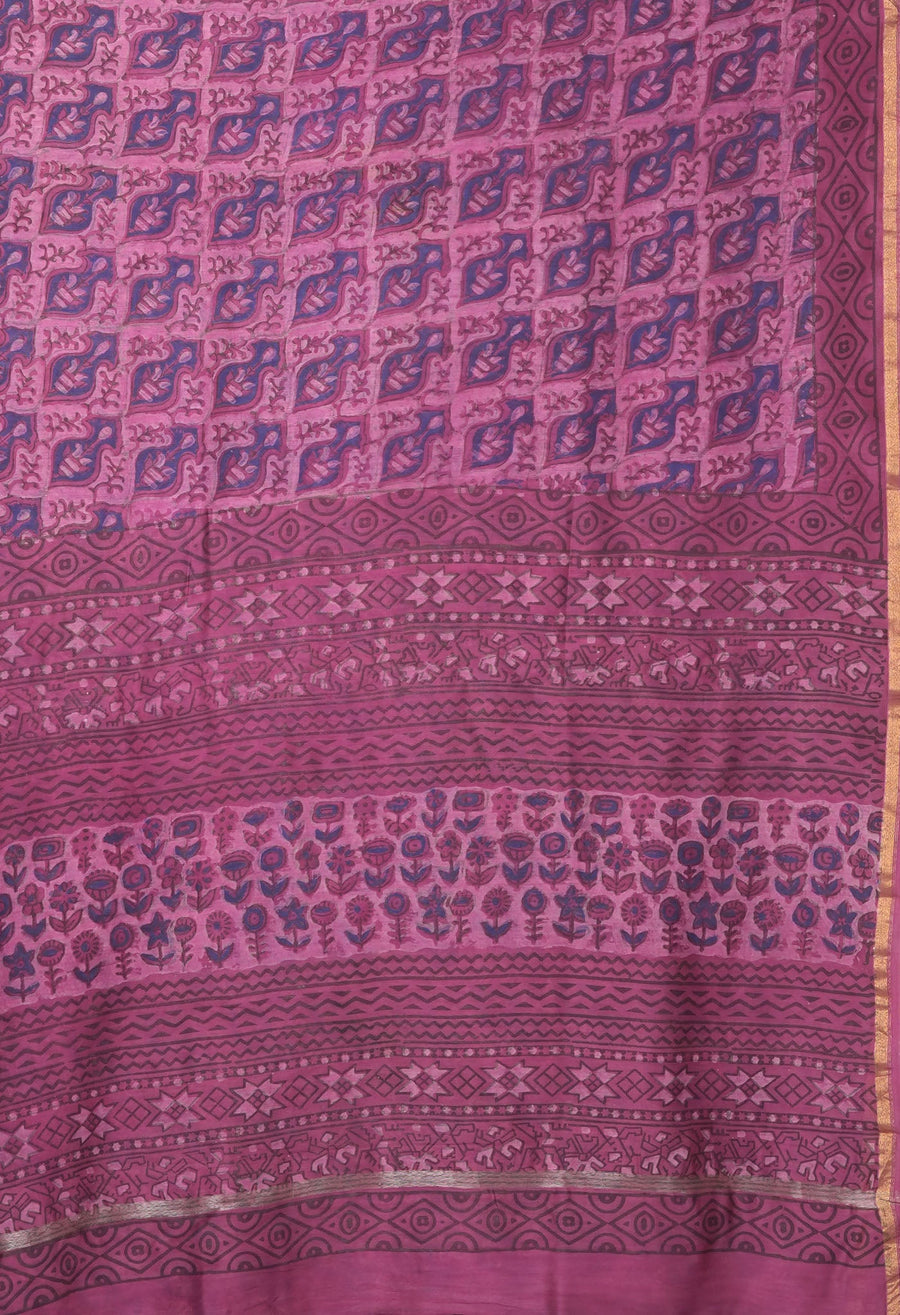Pink Pure Vanaspathi Block Printed Chanderi Sico Saree-UNM81843 - Pehnaawaa