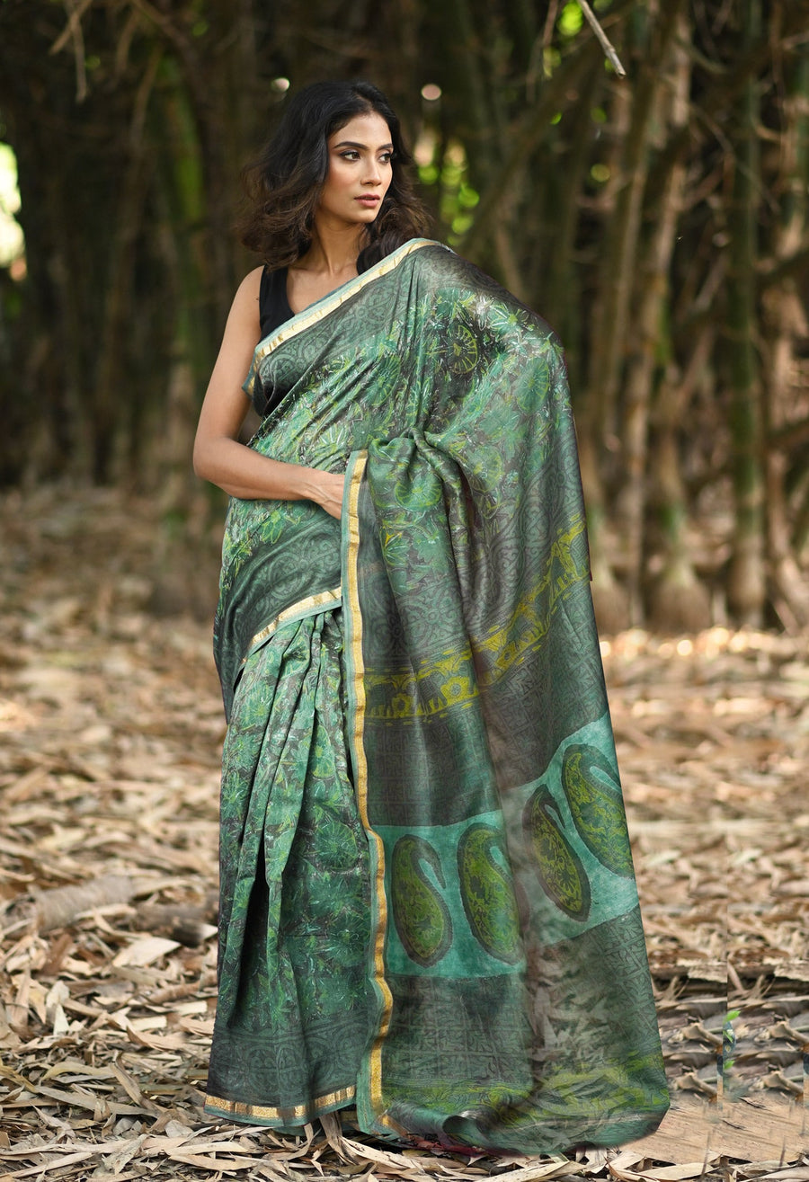 Green Pure Vanaspathi Block Printed Chanderi Sico Saree-UNM81847 - Pehnaawaa