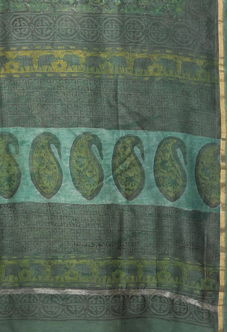 Green Pure Vanaspathi Block Printed Chanderi Sico Saree-UNM81847 - Pehnaawaa