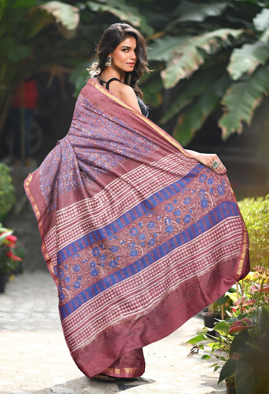 Peach Pink Pure Vanaspathi Block Printed Chanderi Sico Saree-UNM81850 - Pehnaawaa