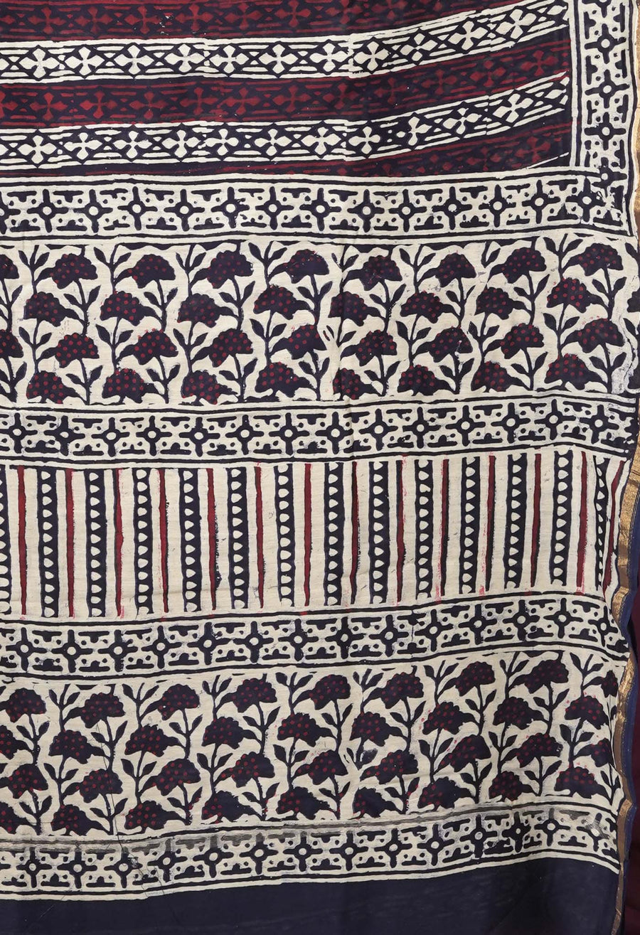 Navy Blue Pure Napthol Block Printed Chanderi Sico Saree-UNM81852 - Pehnaawaa