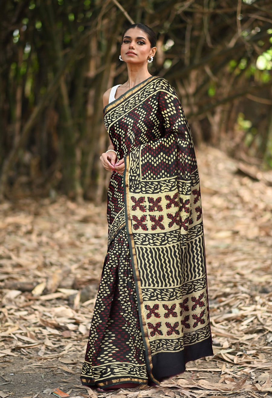 Green Pure Napthol Block Printed Chanderi Sico Saree-UNM81855 - Pehnaawaa