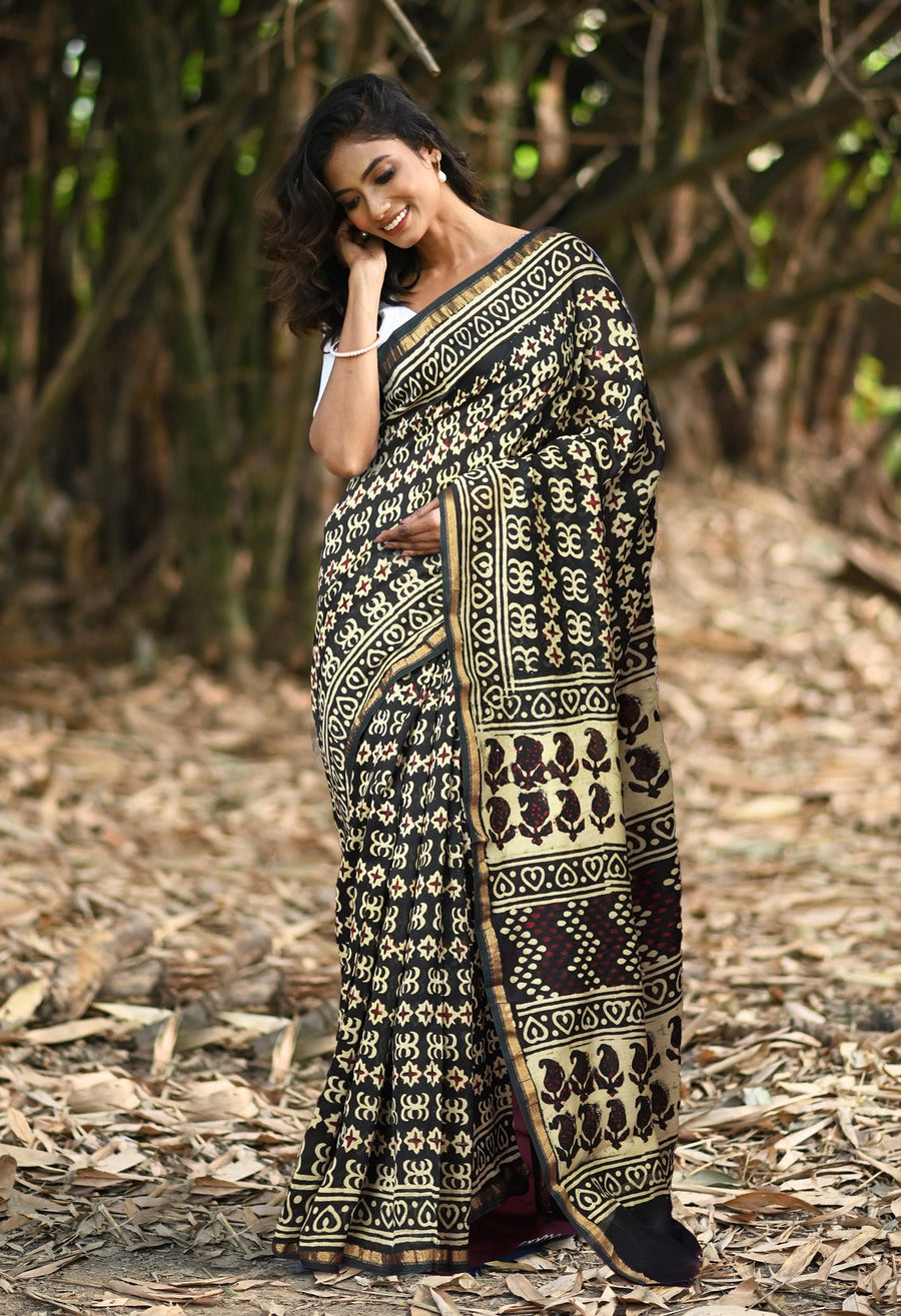 Green Pure Napthol Block Printed Chanderi Sico Saree-UNM81856 - Pehnaawaa