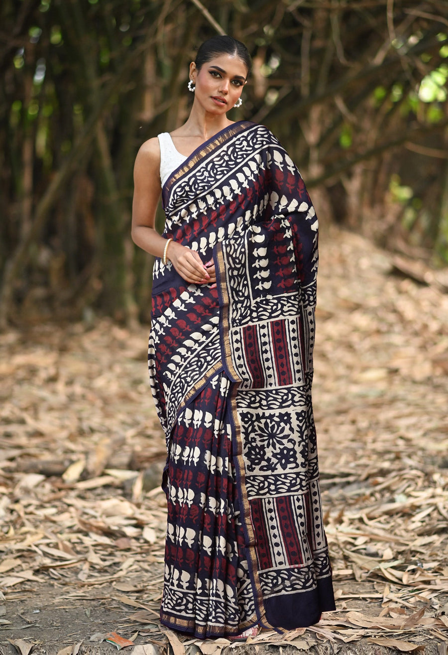 Navy Blue Pure Napthol Block Printed Chanderi Sico Saree-UNM81859 - Pehnaawaa