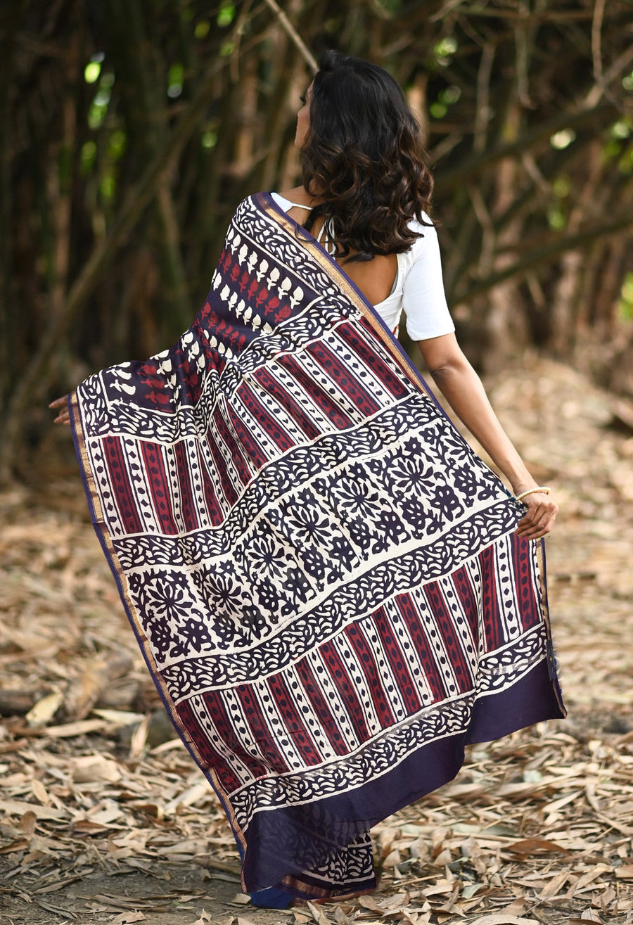 Navy Blue Pure Napthol Block Printed Chanderi Sico Saree-UNM81859 - Pehnaawaa