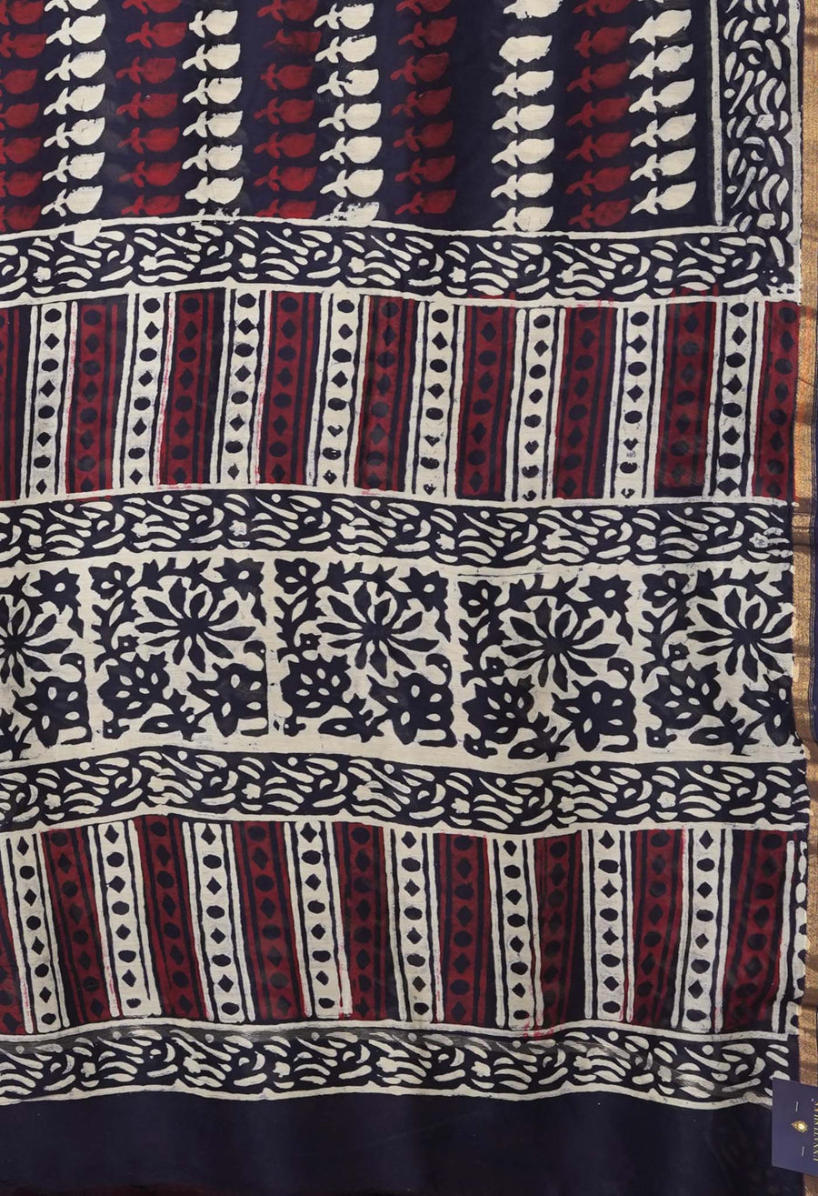 Navy Blue Pure Napthol Block Printed Chanderi Sico Saree-UNM81859 - Pehnaawaa