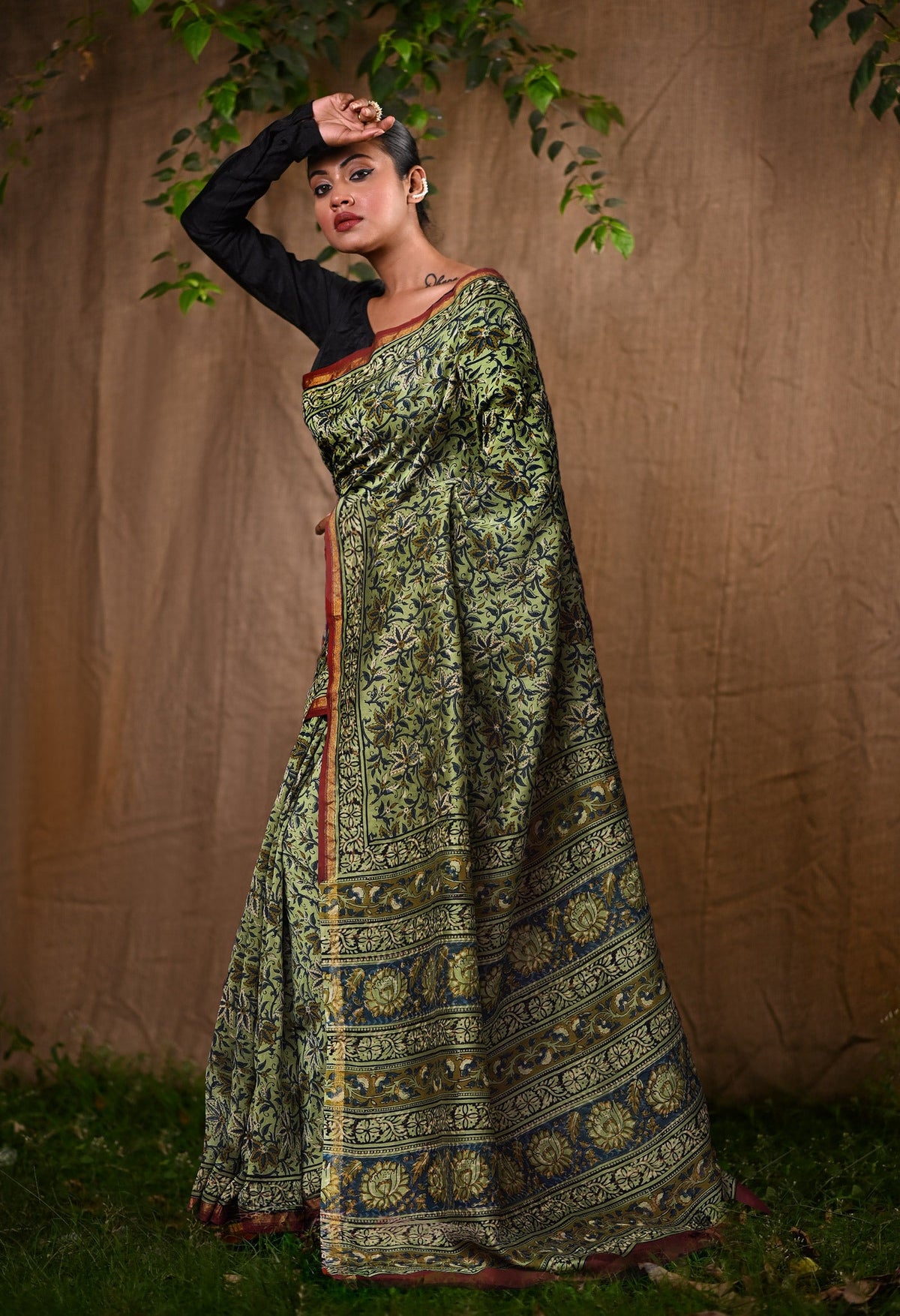 Green Pure Bagru Block Printed Chanderi Sico Saree-UNM82644