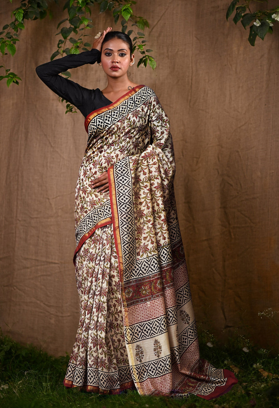 Cream Pure Bagru Kalamkari Printed Chanderi Sico Saree-UNM82651 - Pehnaawaa