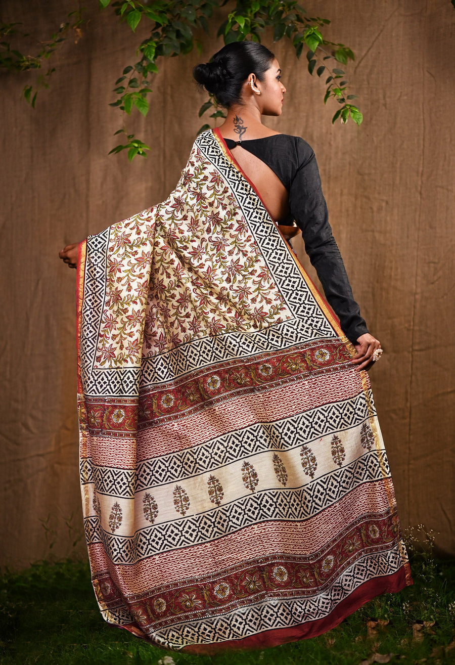 Cream Pure Bagru Kalamkari Printed Chanderi Sico Saree-UNM82651 - Pehnaawaa